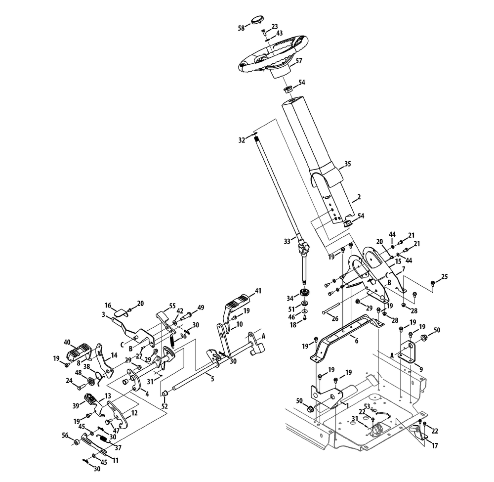Steering Column And Pedal Controls Diagram and Parts List for RZT-S42ZERO (17AVCEDS710-17WVCEDS710)(2013) Cub Cadet Lawn Tractor
